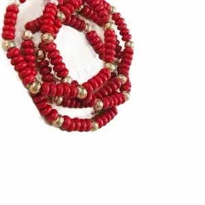 Red African Beaded Bracelet with Gold Accents - Handcrafted Jewelry for Women