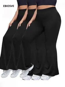 3-Pack Plus Size High-Waist Stretchy Flare Pants Set - Solid Color Athletic Trousers with Tummy Control, Pockets, Long Length, All-Season Comfort, Machine Washable Yoga Essentials