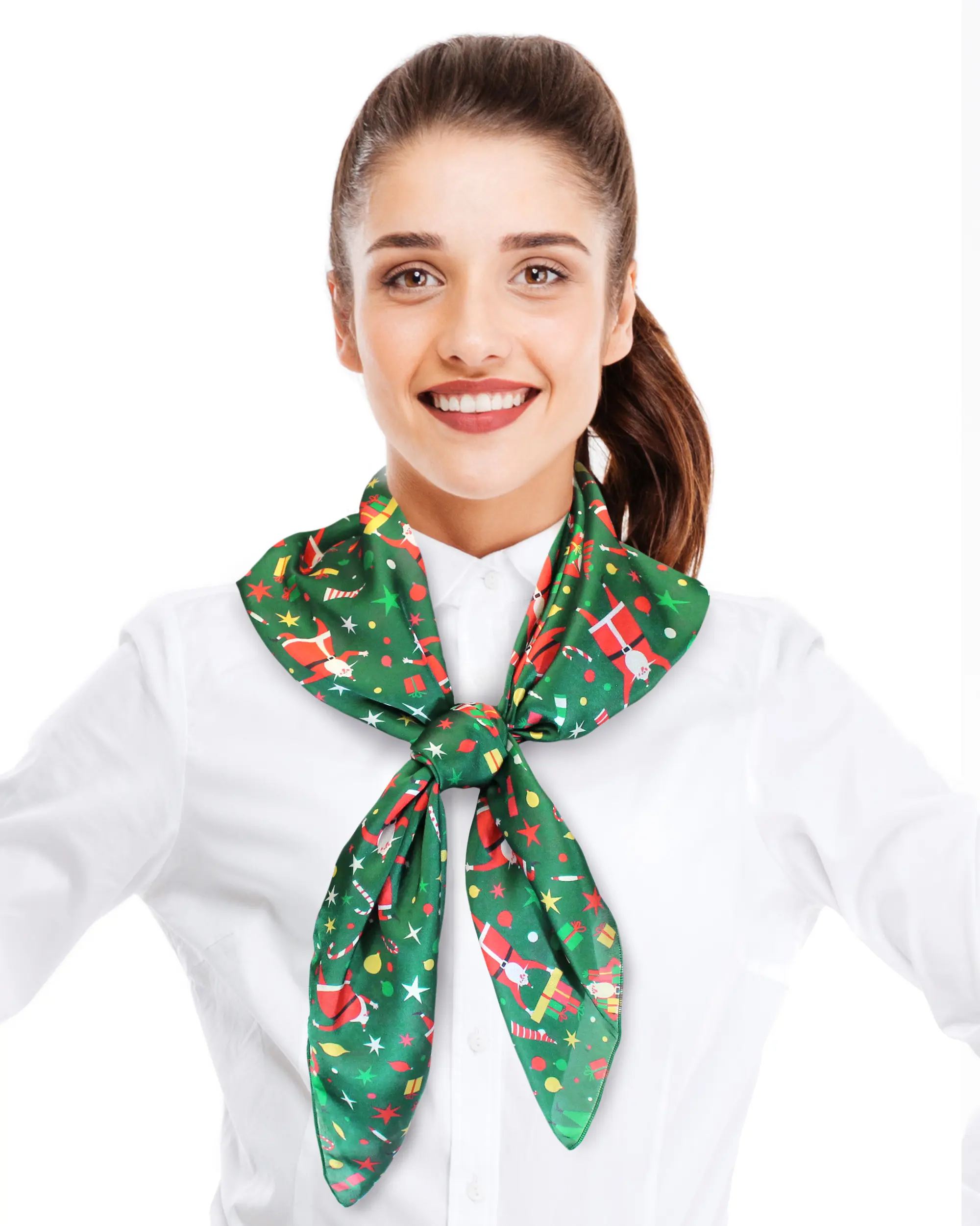 CBC Crown Female 35x35 in Silk-Feeling Polyester Lightweight Christmas Square Scarf, Basic Winter Fashion Accessory with Festive Santa Print, Festive Print, Hand Wash Only, Festive Look