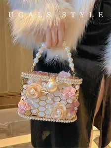 French Vintage Metal Embellished Flower Pearl Basket Bag, Evening Diamond Bucket Clutch Crossbody, Spring Summer 2026 Crystal Cage Bag, Crossbody Clutch Purse