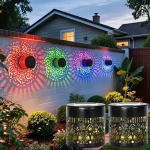 Solar Mandala Projection Fence Lights, 7 Color Changing Metal Solar Wall Light, Waterproof Outdoor Step Lights Decorative for Pathway Patio Garden Yard Backyard(2 PCS)
