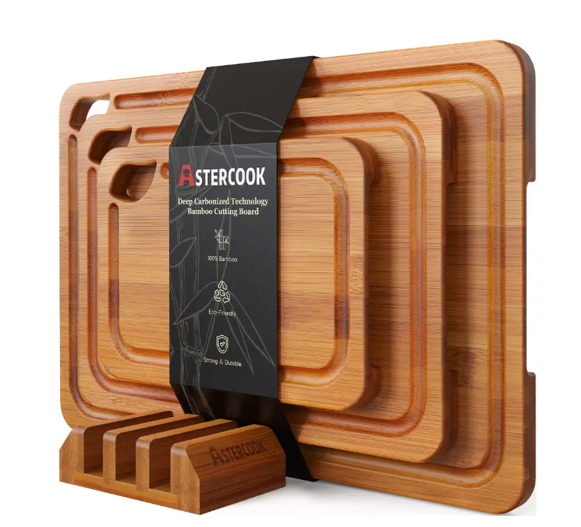Astercook 4-Pieces Wood Cutting Board, Bamboo Chopping Board for Kitchen with Holder, Cutting Boards Set with Juice Groove and Handles, Charcuterie Board for Chopping Meat, Vegetables and Fruits