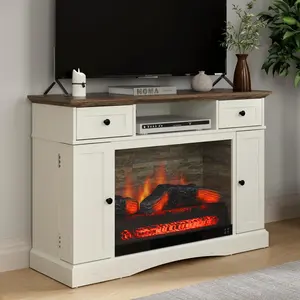 RoyalCraft TV Stands with 28'' Fireplace for TVs up to 55'', Media Console Table with Adjustable Shelves, Double-Door Design, Entertainment Center for Living Room, White and Rustic Oak