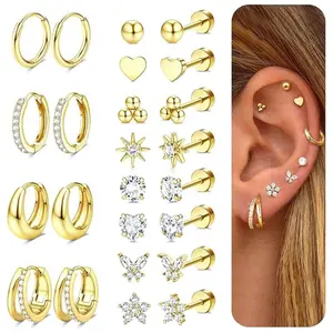 12-Pair Gold Earring Set – Hypoallergenic Studs & Huggie Hoops with Cubic Zirconia