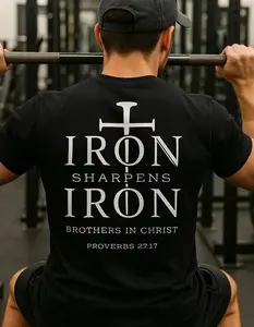 Iron Sharpens Iron Christian T-Shirt for Men, Proverbs 27:17 Shirt, Brothers in Christ Back Print Tee, Men’s Faith-Based Apparel Gift