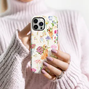 Springtime watercolor collage, floral puppy, and pastoral style 2-in-1 phone case. Durable, shock-absorbing, and stylish design. Compatible with iPhone 17, 16, 15, 14, 13, 12, 11 Pro Max Pro Plus and Samsung Galaxy S25, S24, S23 Ultra.