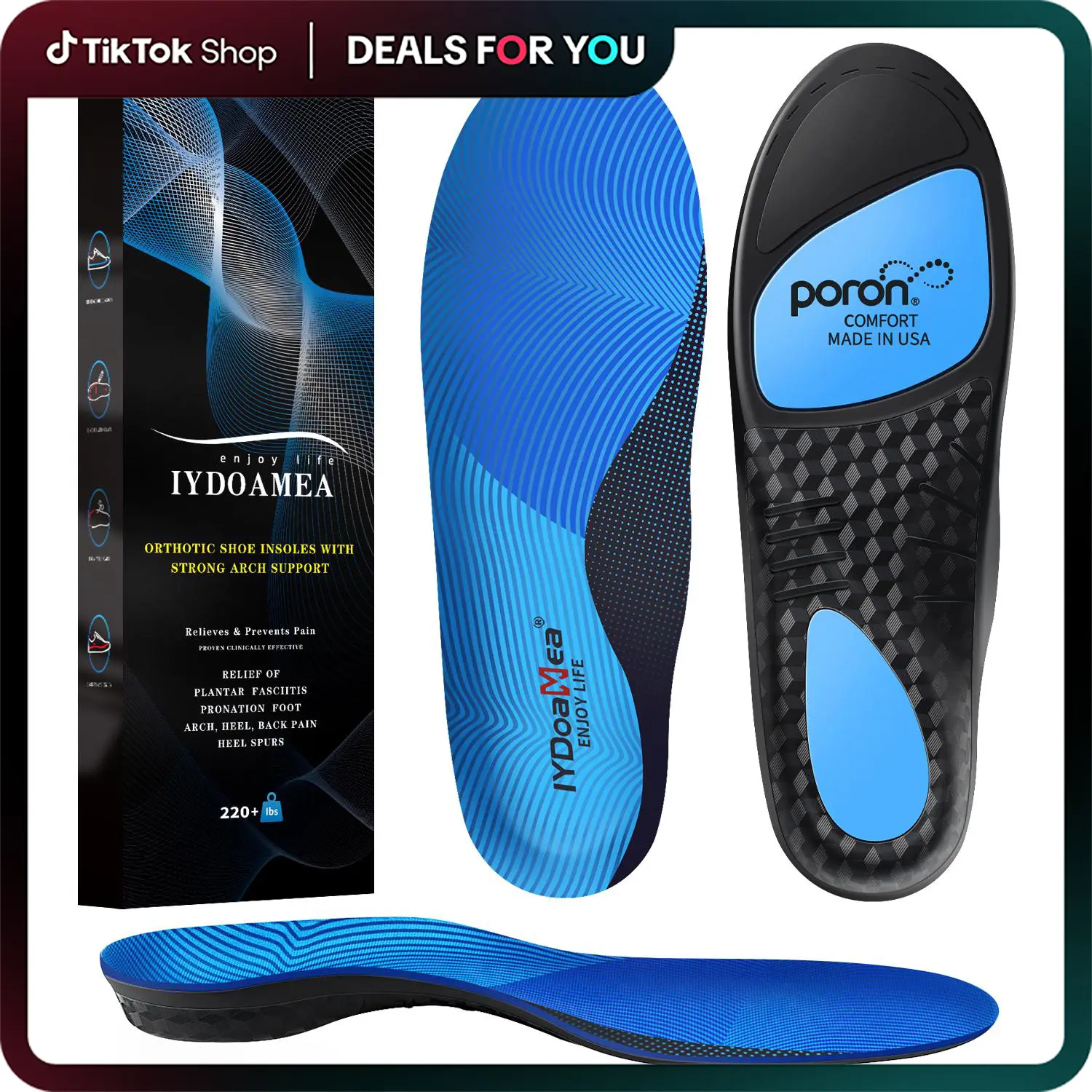 IYDoaMea 220+ lbs Plantar Fasciitis High Arch Support Insoles Men Women - Orthotic Shoe Inserts, Maximum Support And Cushion Poron Sole Insoles For Standing All Day Sweat-Absorbent Breathable Footwear Comfort Bedroom Tactical Outdoorfun Dealsforyoudays