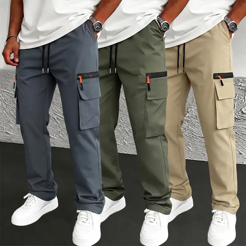 Men's 3-Pack 100% Polyester Cargo Pants (Black-Gray-Army Green), Multi-Pocket Fitted Knitting Trousers with Faux Zipper Accents, Cute Chic Preppy Versatile Menswear for Outdoor Training-Hiking