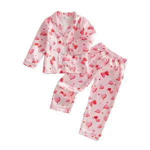 Kids Baby Girls Satin Pajamas Set Valentines Heart Print Pajamas Button Shirt Pj Pants Toddler 2 Piece Pjs Sleepwear
