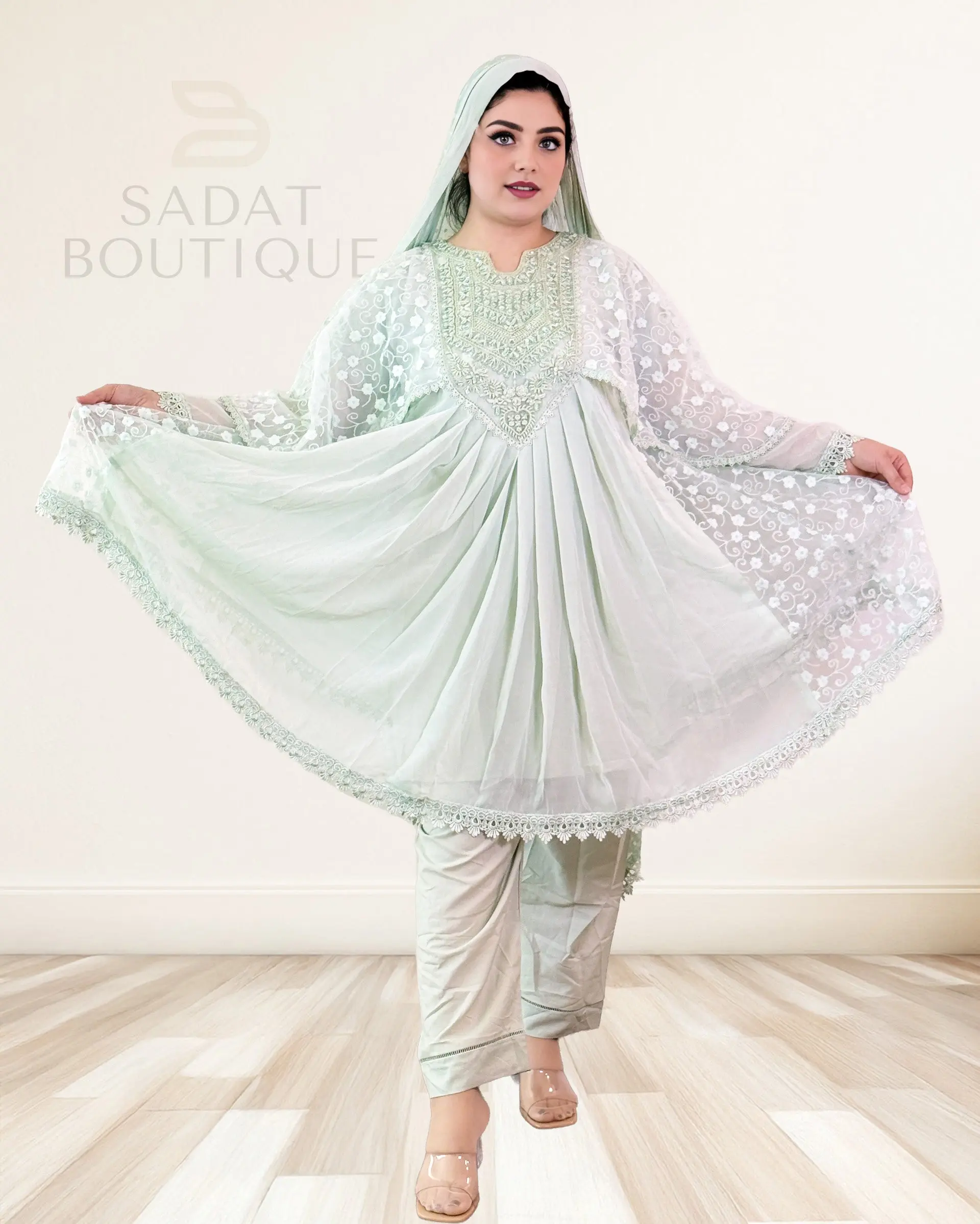 Women's Flowy Mint Sage Embroidered Cape-Style Kurti 3-Piece Set with Matching Dupatta, Notched Detail, Fine Pleating, Forgiving Fit