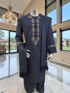 Large Men’s Navy Afghan Parahan Tunban Set with Premium Hand Embroidery with Mirror work & Matching Chadder/patto
