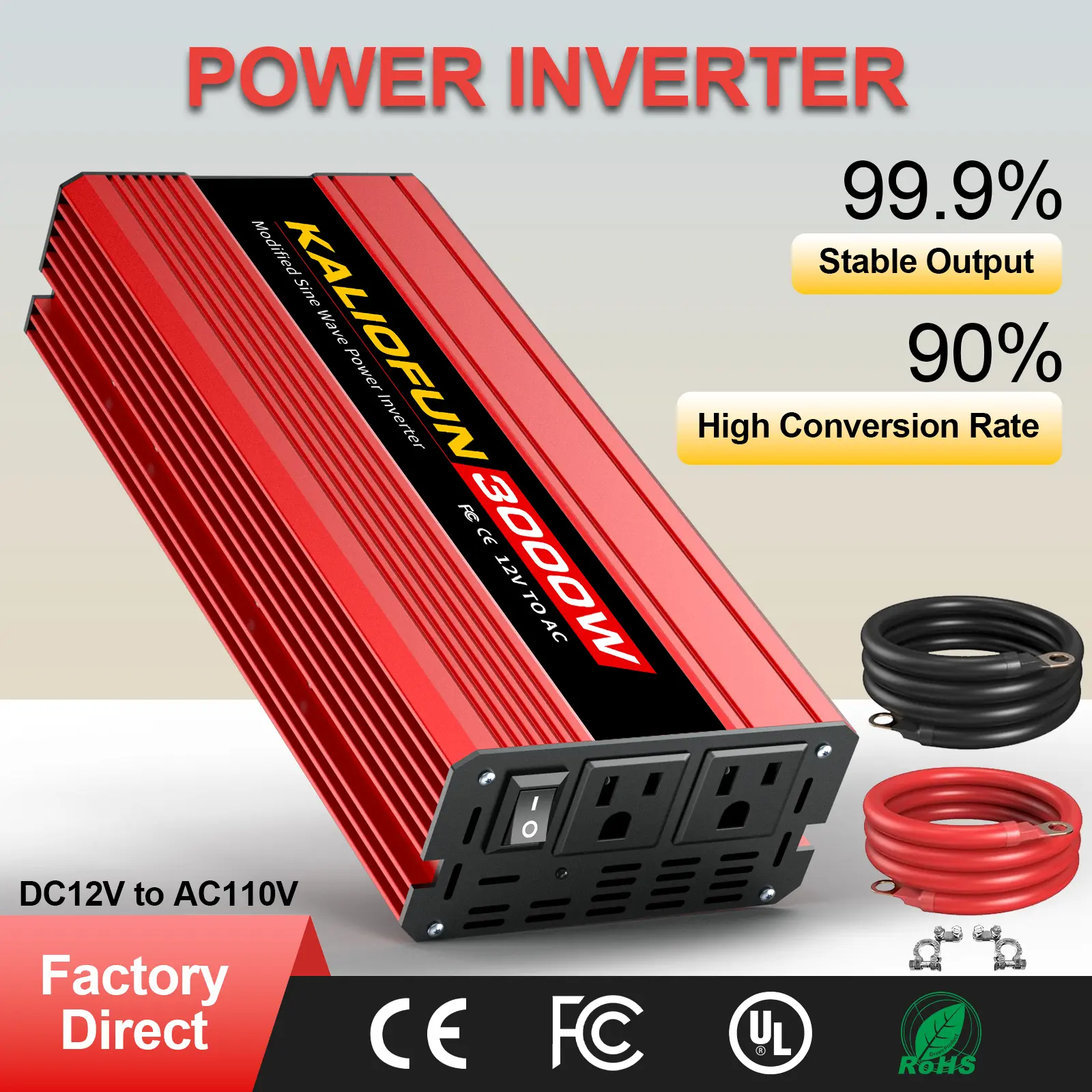 KALIOFUN Power inverter, 2000W/3000W modified sine wave, 12V to 110V AC, with LED display and 2 AC outlets; an essential choice for road trips, home use, and power outages, 12V 2000W, Ac Power Supply