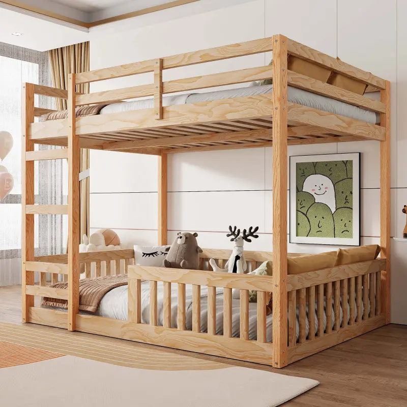 【Bellemave】Full over Full Wood Bunk Bed with Ladder and Guardrails, Natural(Expected Arrival Time: 7.3)