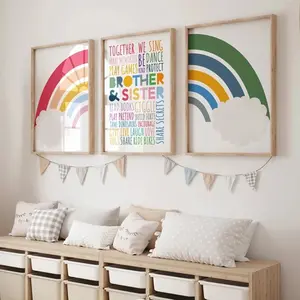 3pcs/set Frameless Cartoon Cute Kids Colorful Rainbow Quotes Nursery Wall Art Canvas Painting Posters Unframed Art Print for Children's Boys and Girls Playroom Home Decor
