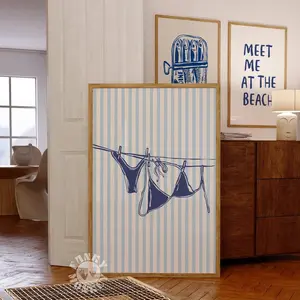 [SALE UP TO 50% - UNFRAMED] Bikini Print Blue Beachy Wall Art, Coastal Aesthetic Poster, Summer Digital Print, Bikini on Clothesline Trendy Wall Art, Preppy Print - Complimentary Delivery