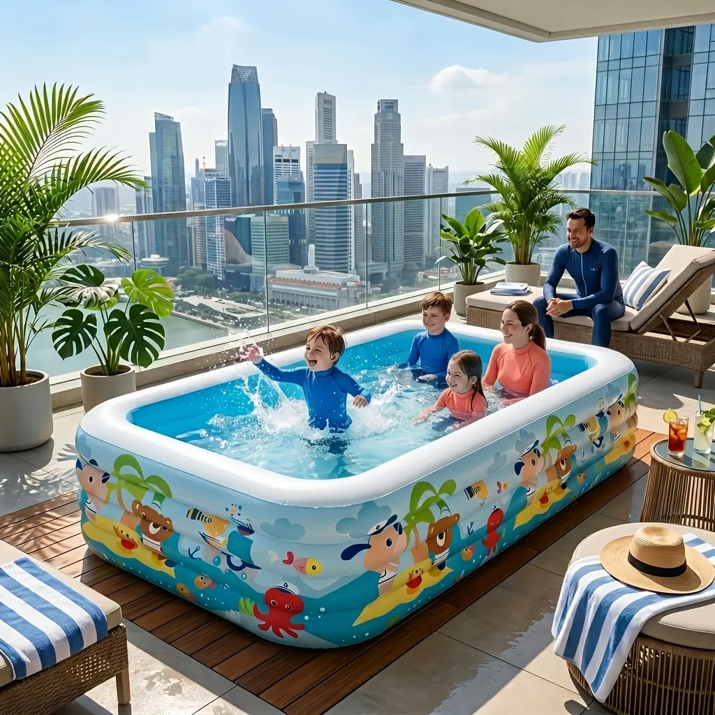 SP1007338750 122.04in Large Thick Children's Cartoon Inflatable Home Swimming Pool - Portable Quick-Inflate Pool for Adults, Backyards, Outdoor Leisure Activities & Summer Cooling, Rectangular
