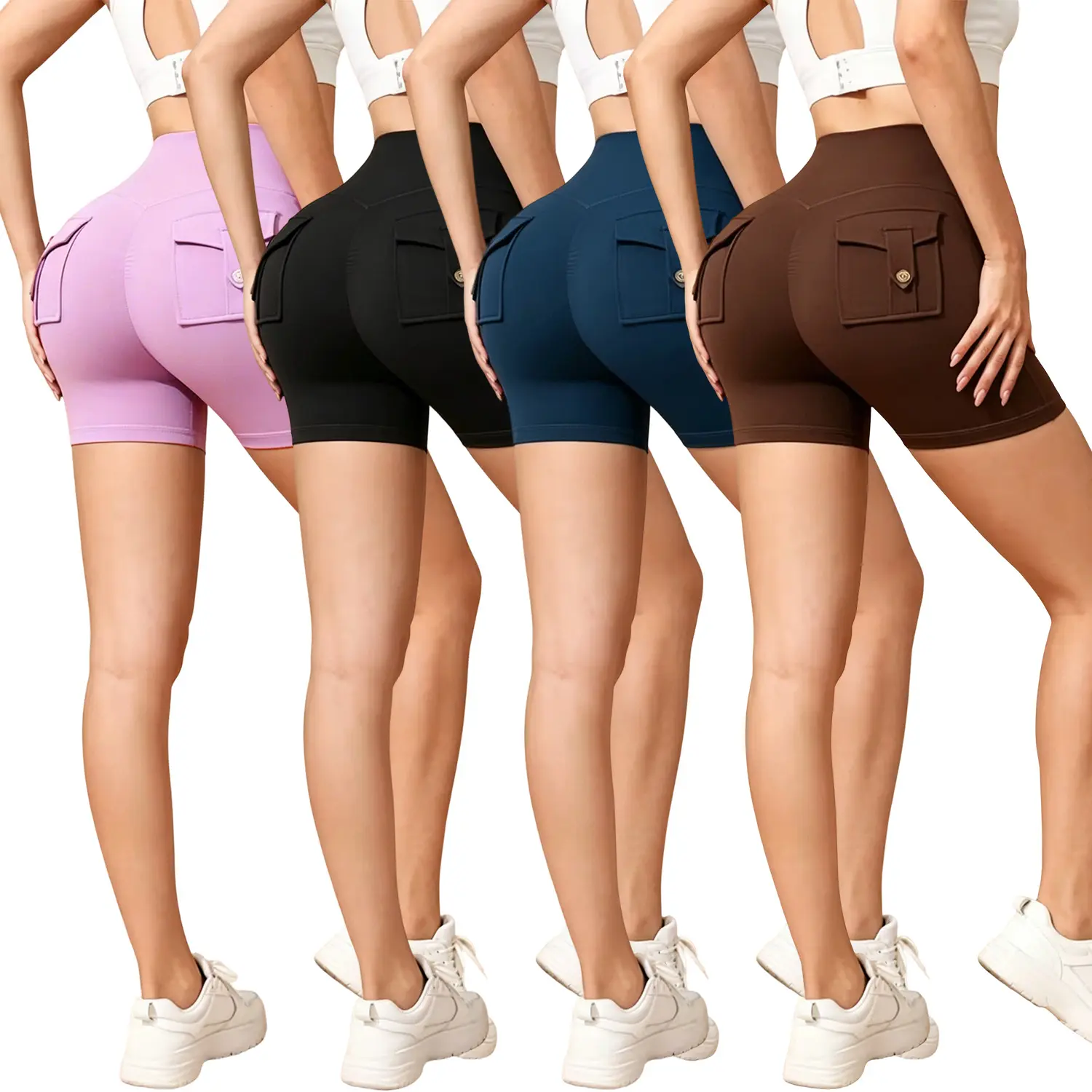 Women's Compression Shorts, High-Waisted Pull-on Stretchy Form Fitting Pocketed Bottoms with Tummy Control for Gym, Pocketed Shorts, Sporty Chic, Sculpting Shorts