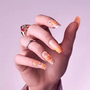 Gold Finger Glitzy 3D Handmade Press-On Nails – Orange Blossom & French Tip (File & 28Pcs Manicure Set)