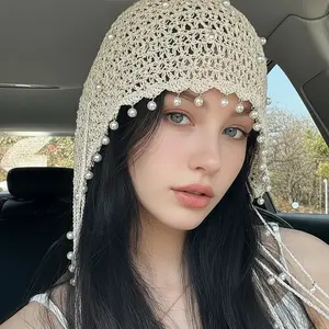 Handmade Beaded Tassel Hollowed-Out Crocheted Pastoral Style Pearl Hat Cotton Yarn Unique Fisherman Hat Fashion
