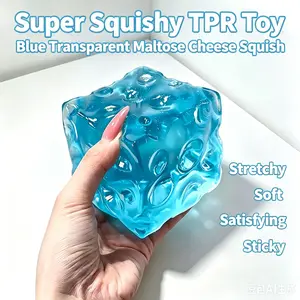 Transparent Blue TPR Maltose Cheese Squishy Cube, Stretchable Jelly Fidget Squeeze Toy, Anxiety Stress Relief Sensory Hobby Toy, Trendy Viral Decompression Squish Gift for Teen Adult Play & Collection