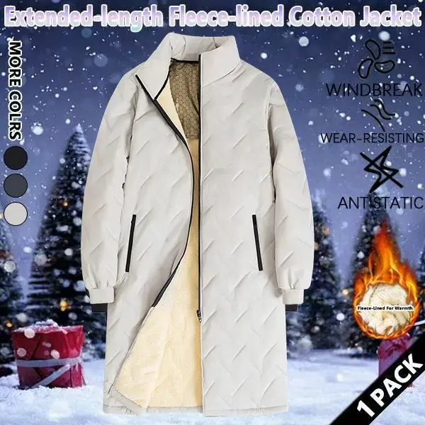 Men's Casual Fleece Jacket with Lambswool Lining, Solid Stand-Collar Long Sleeve Zip-Up Coat, Mid-Length Winter Menswear Tops Garment