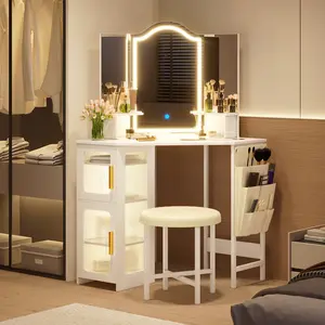 FREDEES  Corner Makeup Vanity Desk with Mirror and Lights, 44" Dressing Table with Charging Station, Makeup Table with Stool, Storage Cabinet and Adjustable Shelf, Bedroom Vanity for Girls Women
