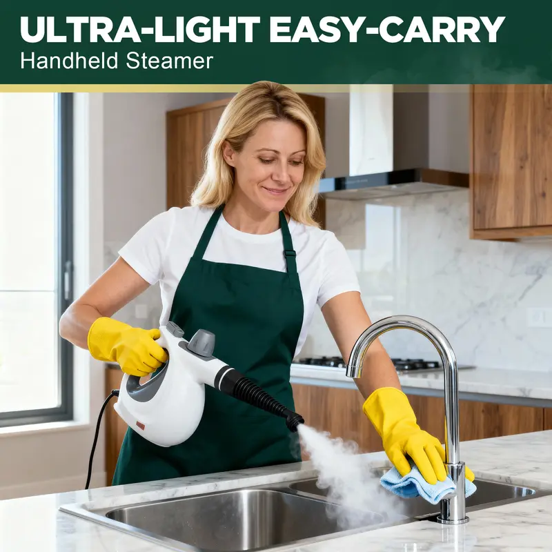 Phueut 1050W 110V Pressurized Handheld Natural Steam Deep Cleaning Machine - Compact Corded Lightweight Multi-Surface Unit for Kitchen, Cars, with 12 Replacement Parts (4 Round Brushes), Child-Safe Cap, Cleaning Supplies Compatible