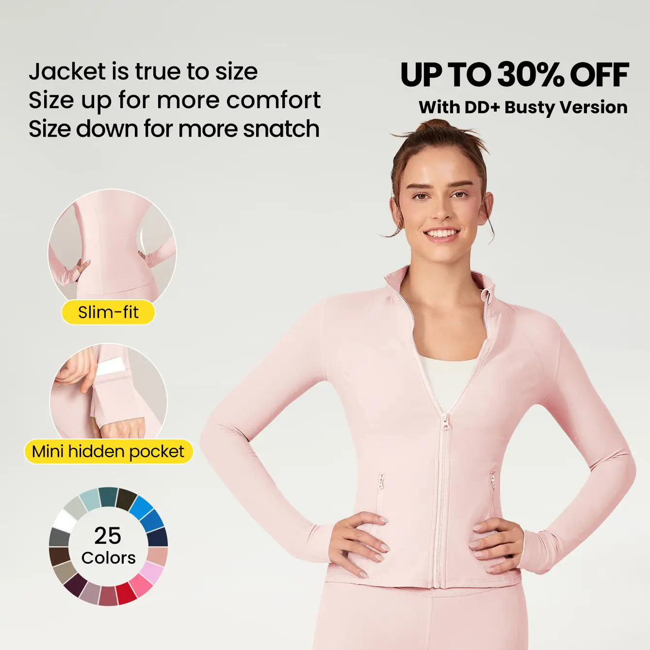 GLOWMODE FeatherFit Slim-It Streamline Performance Secure Pockets Zip Up Jacket Low Impact Yoga Daily