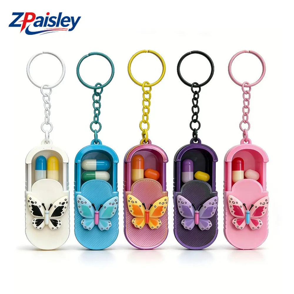 1Pc/2Pcs Cute Butterfly Pill Case Keychain, Mini Portable Travel Pill Organizer with Key Ring, Lightweight Small Daily Pill Holder Container for Purse Pocket Outdoor Medication Vitamin Storage (Only Pill Box)