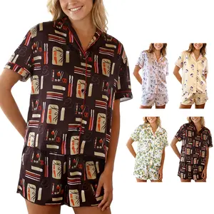 Arssm Satin Pajama Set for Women Silk Pajamas 2 Piece Cute Floral Pj Set Button Down Shirt Shorts Sleepwear