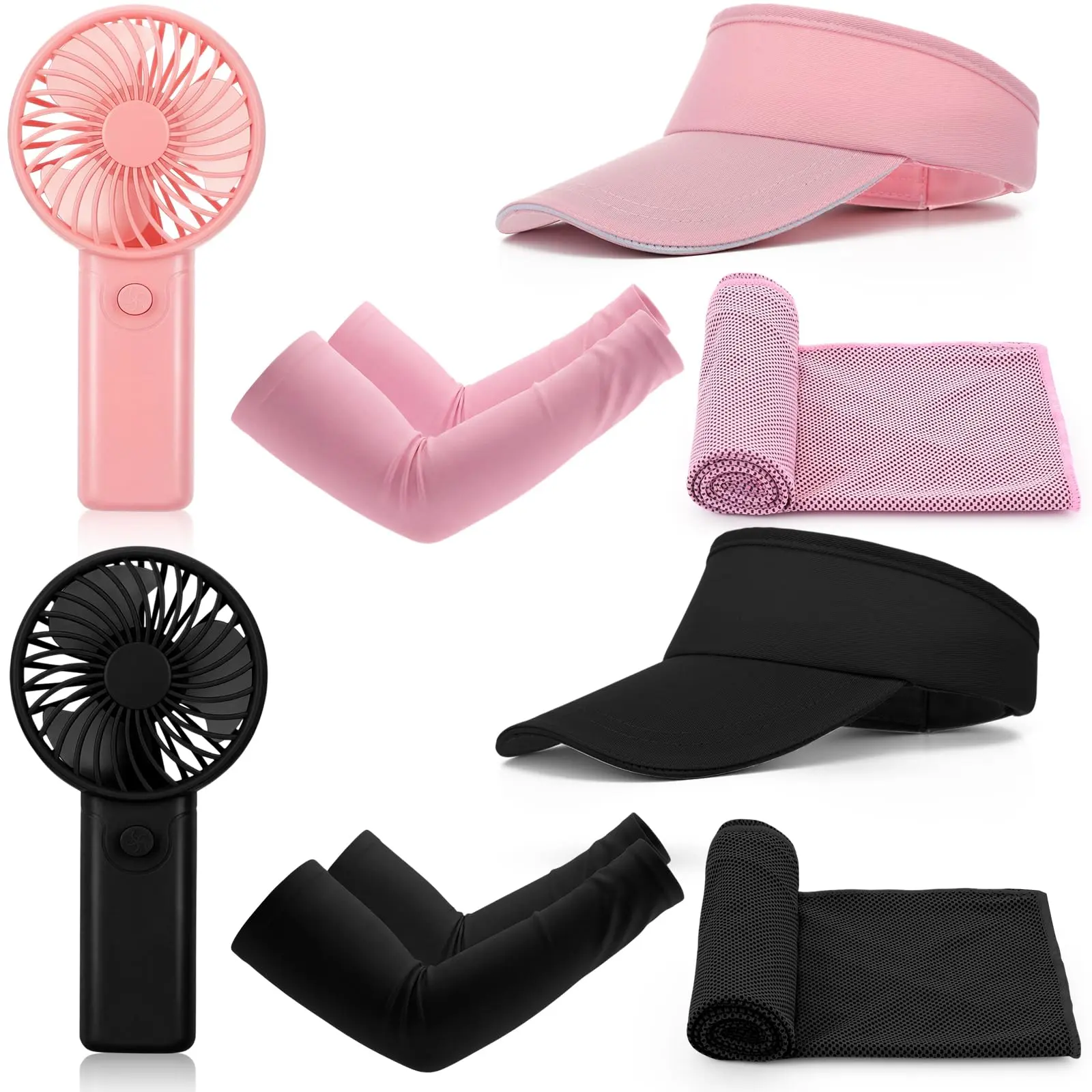 8 PCS Cooling Kit for Summer | Cooling Arm Sleeves, Cooling Towels, Sun Visor Hats & Portable Mini Fans | UV Protection Outdoor Cooling Accessories for Women, Men, Sports, Travel & Beach