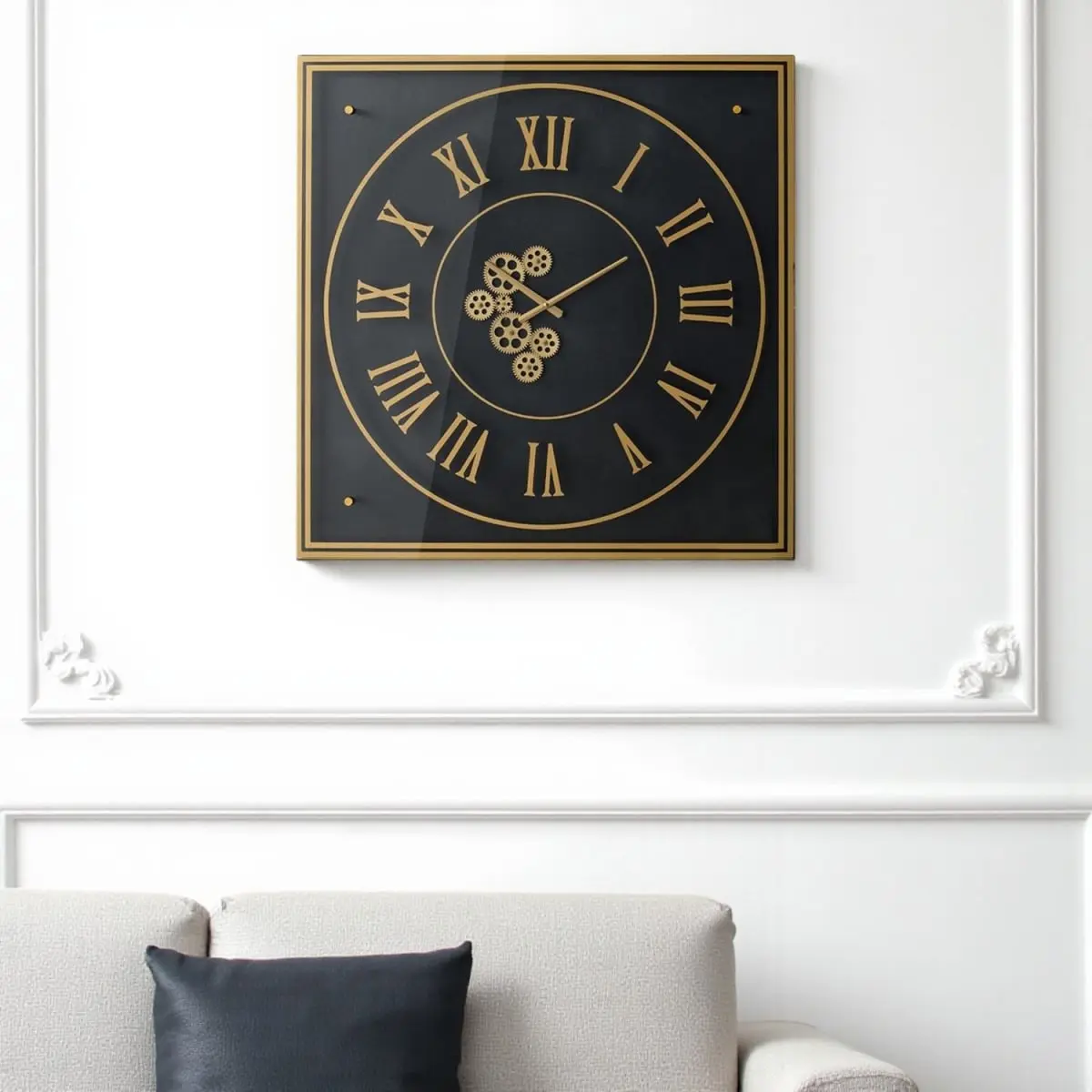 Single 35 in. Oversize Modern Square Face Analog Decorative Wall Mount Clock - 360 Stand, Glass-Metal-Iron Build, Exposed Gears Mechanical Design, Industrial Home Supplies House Decor for Living Room