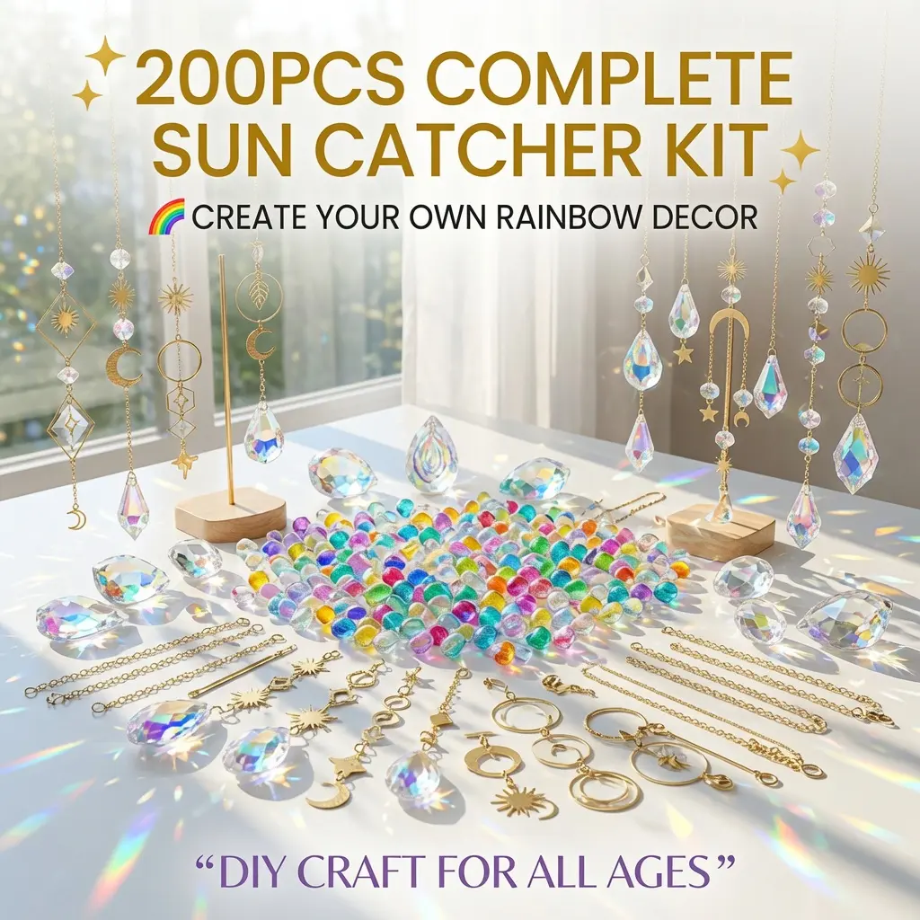 200PCS DIY Suncatcher Making Kit for Adults & Kids | Crystal Prism Rainbow Maker Craft Set | Stained Glass Window Hanging Decor | Creative Handmade Gift for Home, Garden & Christmas