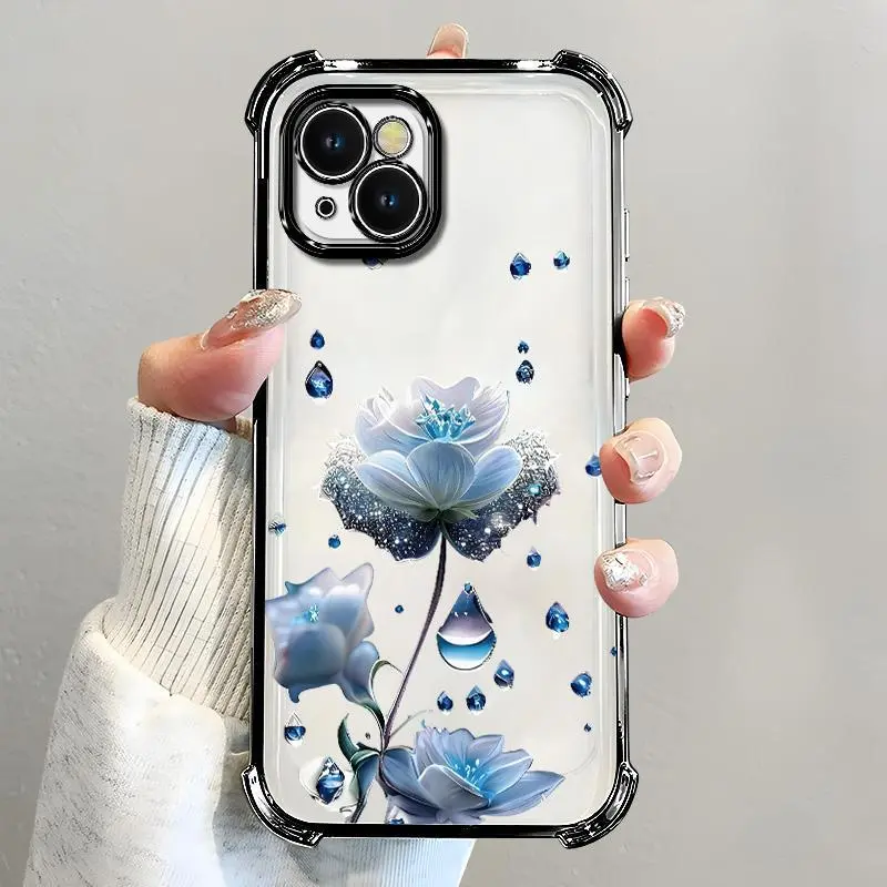 For [iPhone 14] luxury women's phone case🥰, electroplated four-corner shockproof protection, crystal clear blue flower with water drop design, sophisticated and eye-catching666