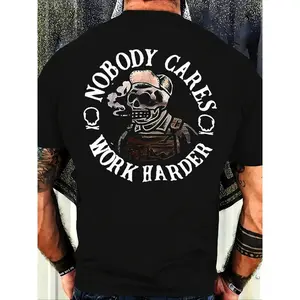 Unisex's Letter & Skull Print Round Neck Tee, Regular Fit Street Fashion Short Sleeve T-shirt for Daily Wear, Men's Summer Clothes