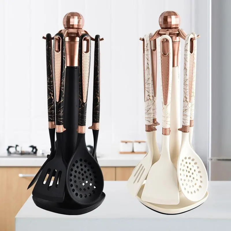Stone Pattern Silicone Cooking Utensils Set, 7 Counts/set Including Nonstick Cooking Spoon & Spatula & Rack, Household Kitchen Utensils Set, Cooking Tools, Cooking Gadgets