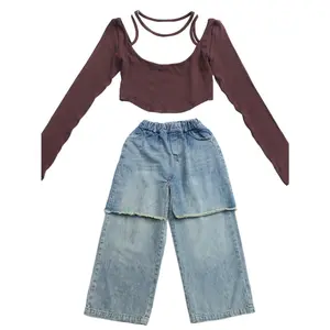 Girls Spring and Autumn Fake 2pcs Trouser Skirt Jeans Spring and Autumn New Children's Loose Straight Wide-leg Pants, Fashionable and Versatile, Easily Matched with Any Clothing, a Must for Travel