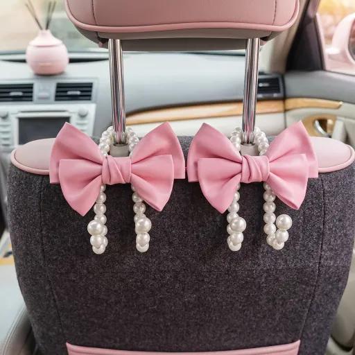 2PCS Car Headrest Hook, Pink Bow Pearl Seat Back Hanger, Universal Auto Organizer for Purse Bag Coat, Car Interior Accessories
