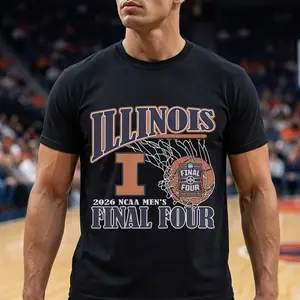 Illinois NCAA Men's Final Four Basketball T-Shirt 2026 Indianapolis Apparel Printed Tee Pure Cotton Fabric Casual Streetwear Crew Neck Short Sleeve T-Shirt Trendy Tops for Women for Men, Perfect Gift