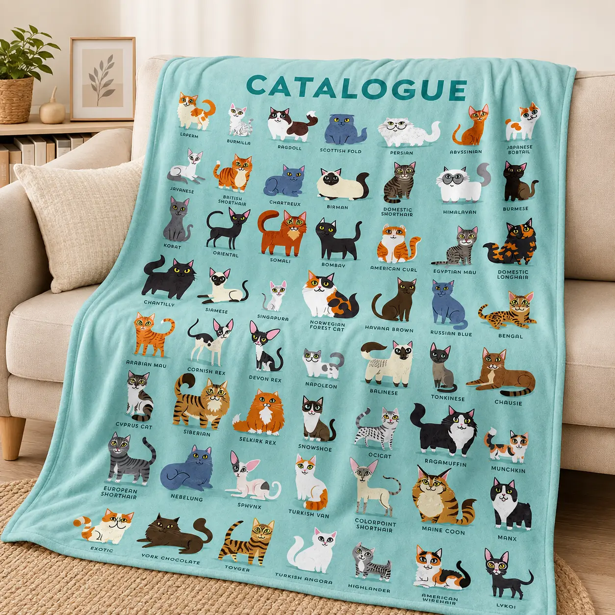 Cozy Oversized Cute Cat Patterned Blanket, High Quality Polyester Fleece Machine Washable Throw for Sofa Bed Camping, Kitty Print Couch Blanket, Cat Lover Reading Nook Lounge Gift