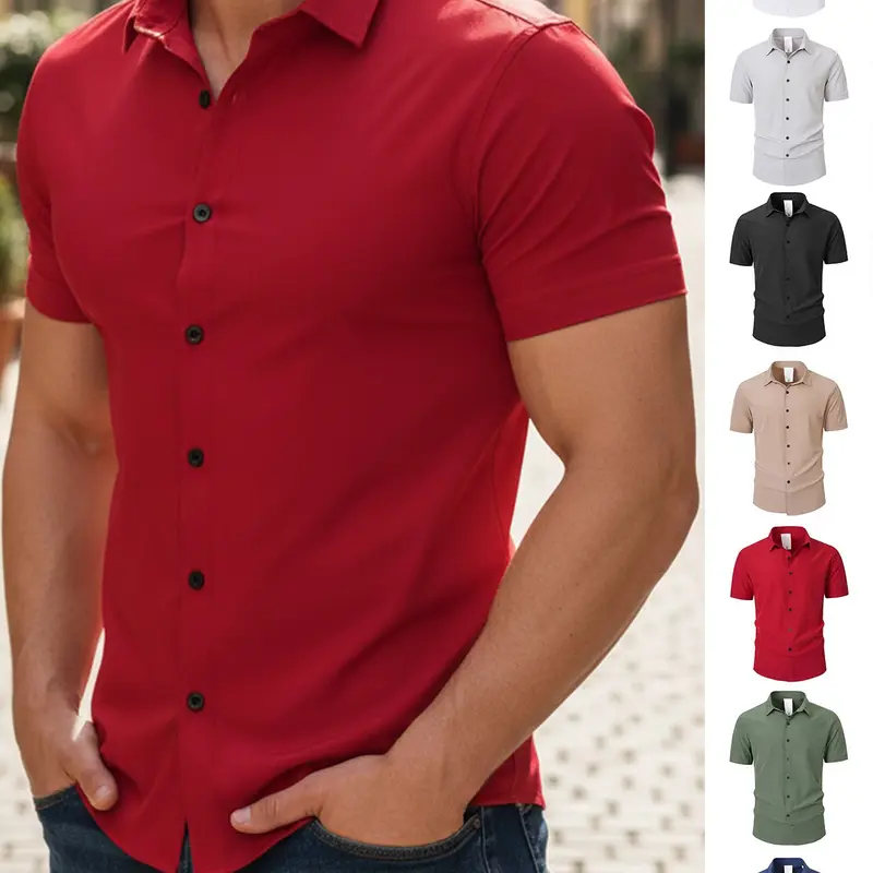 Men's Solid Short-Sleeve Shirt, Comfort Fit Top, Casual Spread Collar, Black Button Placket, Lightweight Breathable, Summer Daily Commute Casual, Classic Versatile, Today's Clearance, Focus Item, Casual Garment, Essential for Man's Wardrobe.