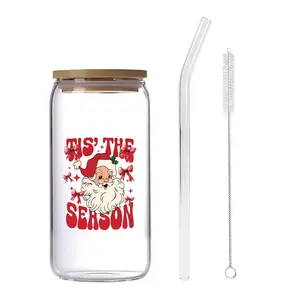 16oz Glass Cup with Straw & Brush, 1 Count Santa Claus Pattern Glass Cup, Drinking Cup for Home Office Use, Christmas Gift for Sister