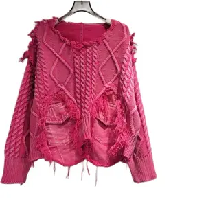 Distressed Jean Sweater - Pink Cable Knit with Fringe Details and Denim Look