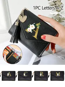 Women's Foldable Short Stylish Wallet, PU Leather, A-Z Letters & Flower Pattern, Cute Girls Coin Purse, Fashion Card Holder, Credit Card Holder