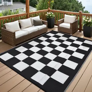 Modern Plaid Outdoor Rug Washable Double-sided Plastic Straw Rug For Porch RV Balcony Patio Camping Beach Deck