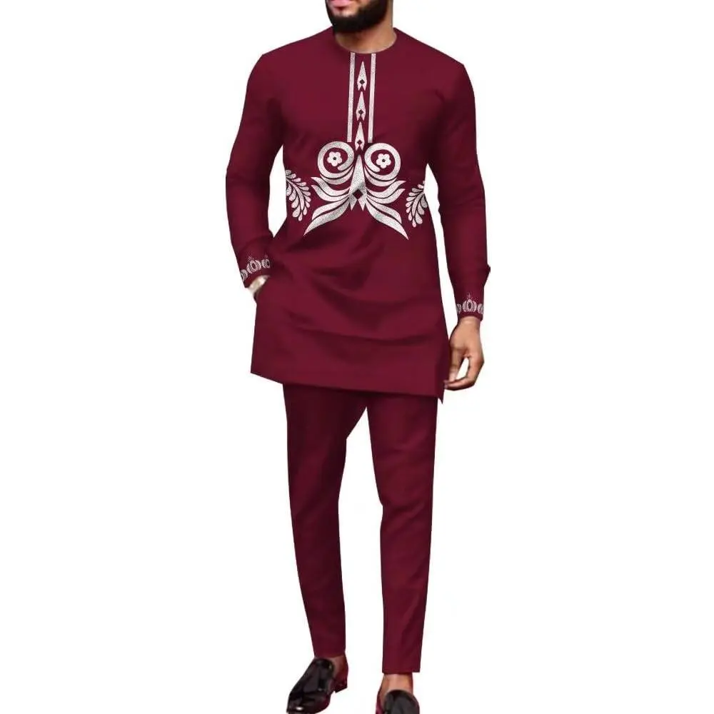 Men's 2-Piece African Dashiki Suit, Smooth Long-Sleeve Traditional Print Formal Wear, Personalized Nigerian Menswear Attire for Parties