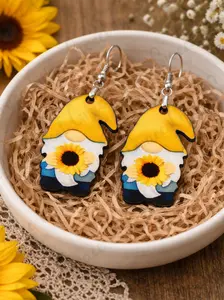 sweetgracebyRW Sunflower Gnome Dangle Earrings - Handmade Farmhouse Casual Costume Jewelry, Cute Boho Style, Lightweight Approx. 3" Wooden Base, Gift for Her