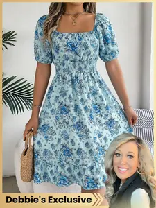 【Debbie's Exclusive】Women's Ditsy Floral Print Shirred Ruffle Hem Dress, Boho Fashion Square Neck Puff Sleeve Knee Length Dress for Holiday Daily Wear, Ladies Dress for Summer