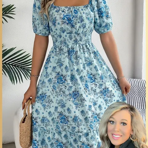 Women's Feminine Ditsy Floral Print Shirred Ruffle Hem Dress, Boho Bohemian Style Square Neck Puff Sleeve Knee Length Lightweight Dress for Holiday, Daily and Casual Wear, Summer, Casual Boho Fashion