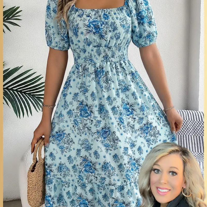 Women's Feminine Ditsy Floral Print Shirred Ruffle Hem Dress, Boho Bohemian Style Square Neck Puff Sleeve Knee Length Lightweight Dress for Holiday, Daily and Casual Wear, Summer, Casual Boho Fashion